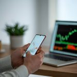 man checking stock markets on a phone and a laptop